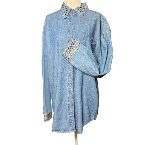Vintage 80s Grand Ole Opry  L/XL Blue Denim Button Down Shirt Rhinestone Studs - Picture 2 of 12